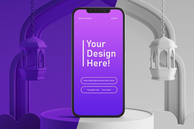Maqueta de pantalla de teléfono inteligente a color cambiante en render 3d creativo tema ramadan kareem eid mubarak