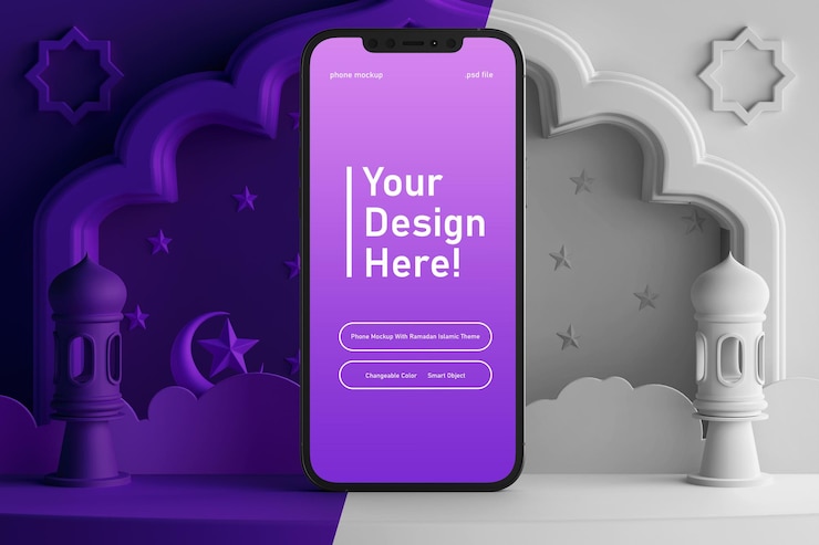 PSD maqueta de pantalla de teléfono inteligente a color editable en render 3d creativo tema islámico ramadan eid mubarak