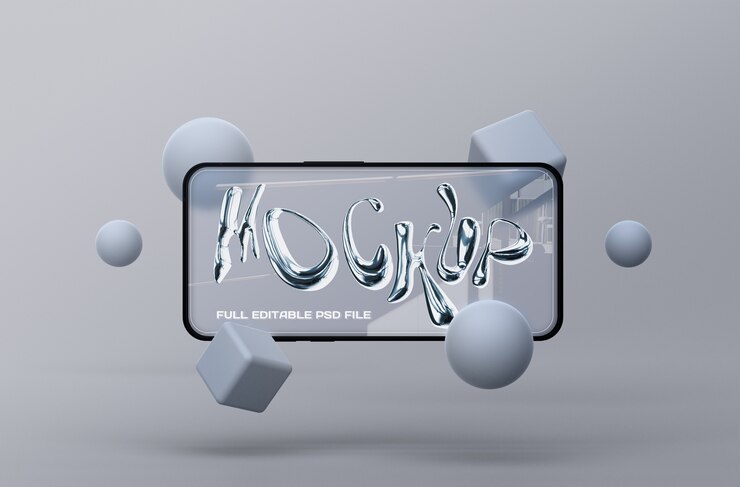Maqueta de pantalla de teléfono inteligente en estilo glassmorphism con formas geométricas