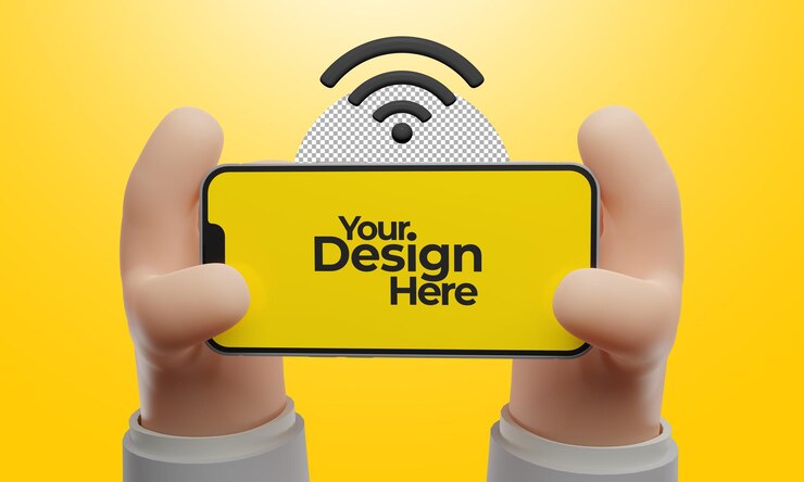 PSD maqueta de pantalla de teléfono inteligente horizontal con estilo de dibujos animados mano 3d