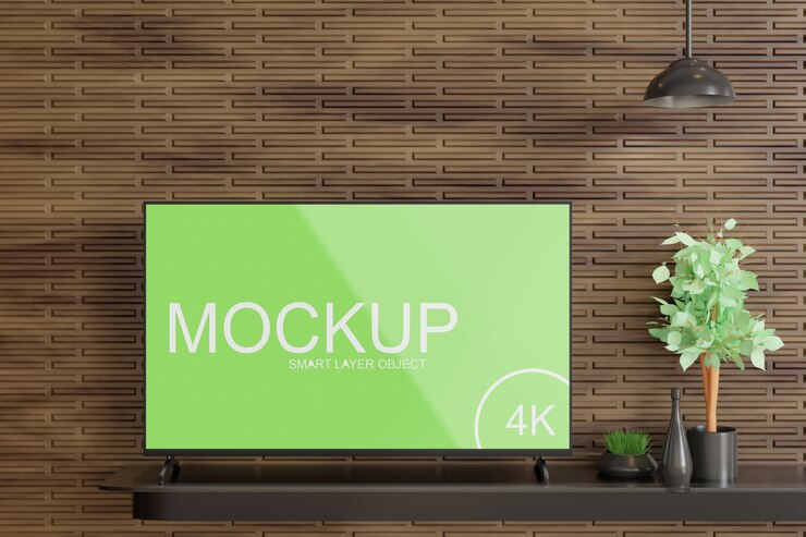 Maqueta de pantalla de TV en la mesa de pared de madera