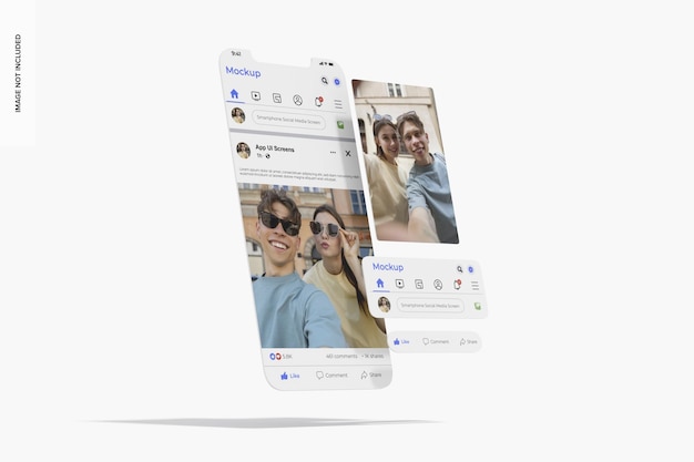 Maqueta de pantallas de redes sociales de teléfonos inteligentes, vista izquierda