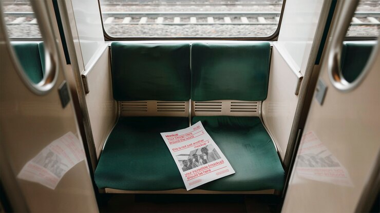 PSD maqueta de papel en un asiento de transporte público