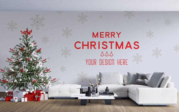 PSD maqueta de papel tapiz con árbol de navidad y cajas de regalo.