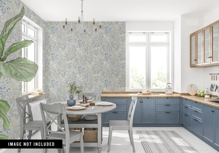 PSD maqueta de papel tapiz en el interior de la cocina escandinava