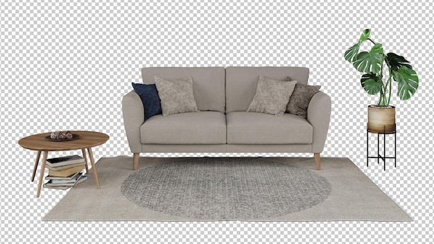 Maqueta de papel tapiz PSD gratuito en el interior de la sala de estar con sofá aislado sobre un fondo transparente