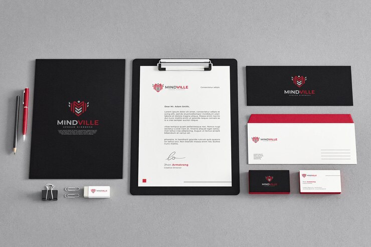 Maqueta Papelería Rojo Negro Blanco Realista Empresa Comercial