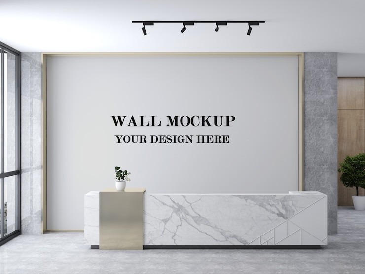 PSD maqueta de pared de área de recepción moderna brillante
