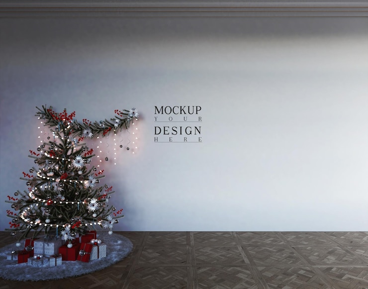 PSD maqueta de pared con decoración navideña y regalos.