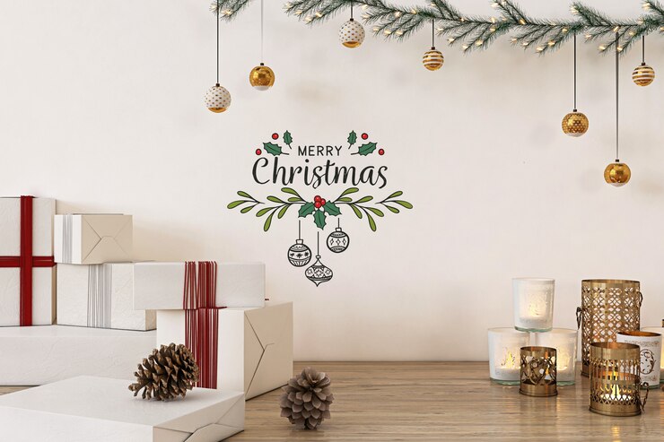 PSD maqueta de pared con decoración navideña y regalos.