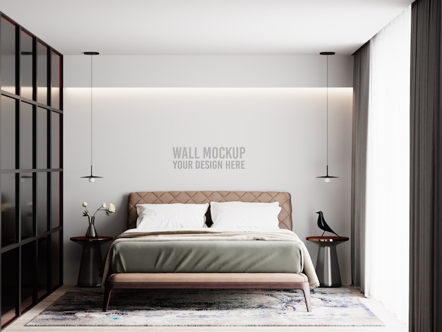 PSD maqueta de pared de dormitorio interior moderno con decoraciones
