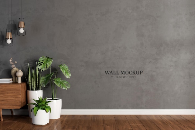 Maqueta de pared interior con plantas en la sala de estar con fondo de pared blanco vacío