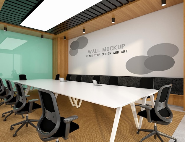 PSD maqueta de pared con logo en sala de reuniones