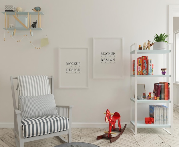 Maqueta de pared y maqueta de marco de póster en una linda habitación de guardería