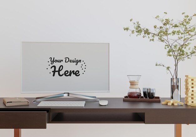Maqueta de pared con mesa en la sala de estar con una pared blancaxAxAsala de estar moderna con monitor muebles de diseño interior escandinavoxAxAmesa y plantas con pared blanca copia espacio renderizado 3D