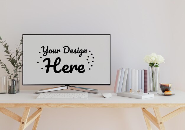 Maqueta de pared con mesa en la sala de estar con una pared blancaxAxAsala de estar moderna con monitor muebles de diseño interior escandinavoxAxAmesa y plantas con pared blanca copia espacio renderizado 3D