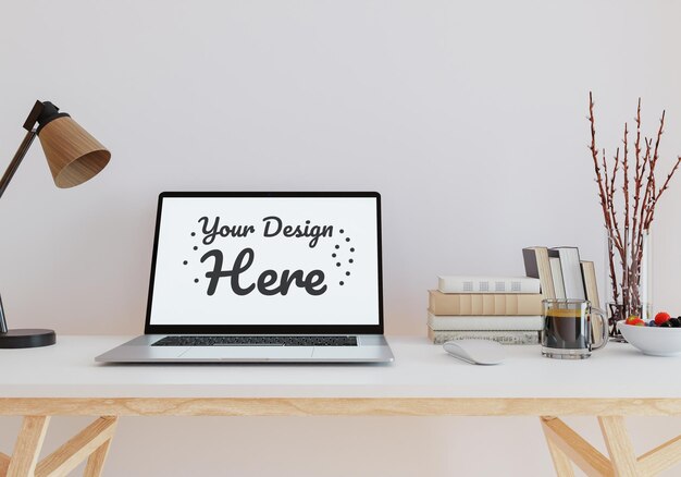 Maqueta de pared con mesa en la sala de estar con una pared blancaxAxAsala de estar moderna con monitor muebles de diseño interior escandinavoxAxAmesa y plantas con pared blanca copia espacio renderizado 3D
