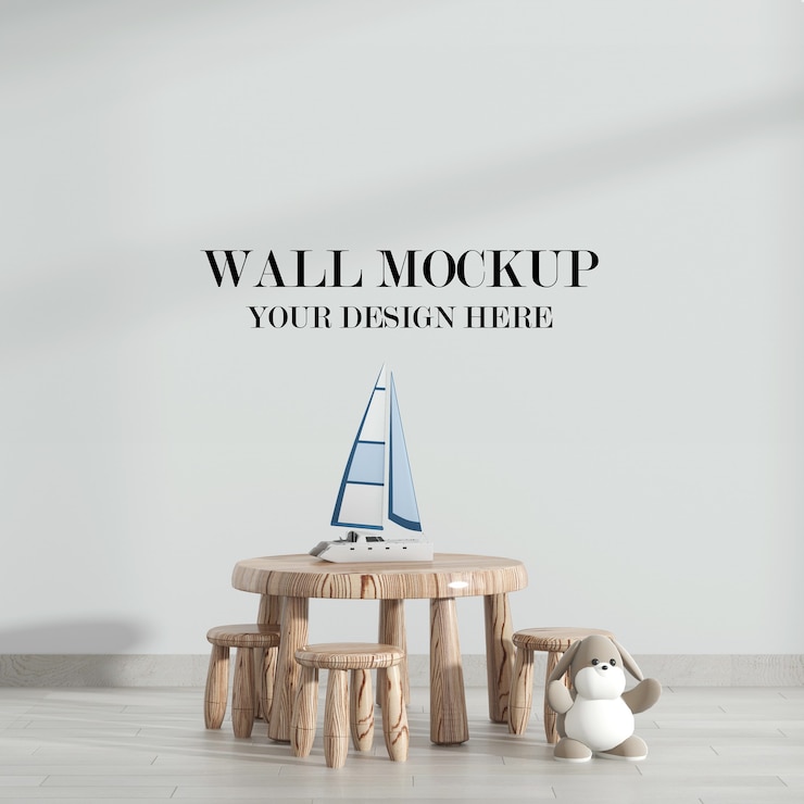 PSD maqueta de pared con muebles rústicos.