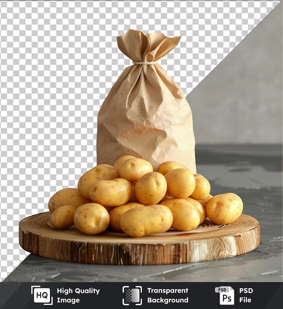 PSD maqueta de patatas frescas en una bolsa de papel reciclable un podio