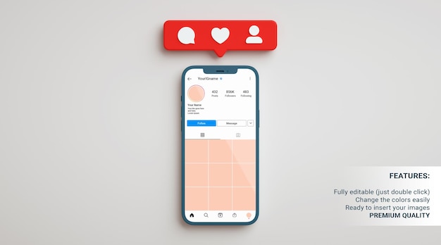 PSD maqueta de perfil de instagram en un teléfono sobre un fondo neutro con notificaciones de aplicaciones en renderizado 3d