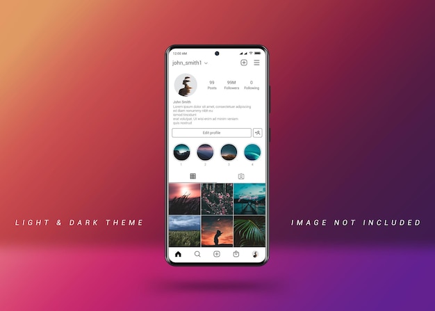 Maqueta de perfil de instagram en tema claro y oscuro de teléfono