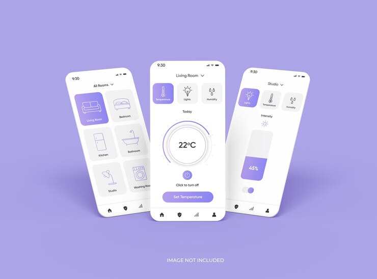 PSD maqueta personalizable con pantallas de teléfonos móviles separadas para la representación 3d de la presentación de la aplicación ui ux