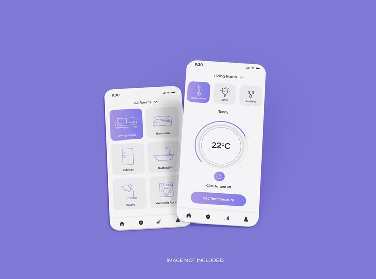 PSD maqueta personalizable con pantallas de teléfonos móviles separadas para la representación 3d de la presentación de la aplicación ui ux