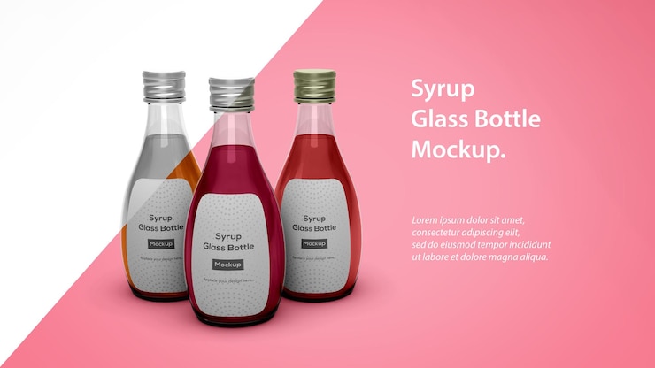 PSD maqueta de pie de botella de vidrio de tres bebidas de jarabe