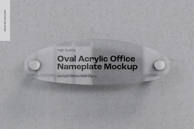 Maqueta de placa de identificación ovalada de acrílico para oficina, vista frontal