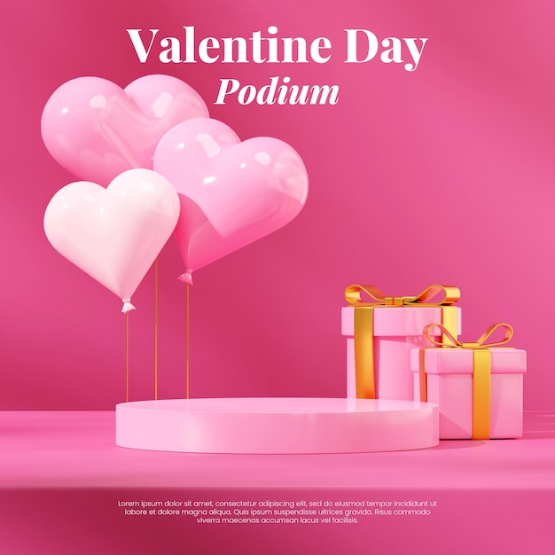 maqueta de plantilla podio rosa redondo en caja de regalo cuadrada y representación de imagen 3d de globo de amor