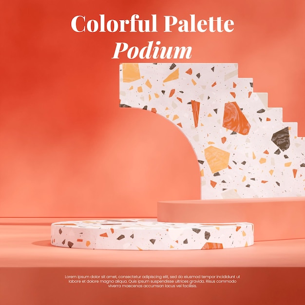 maqueta de plantilla podio con textura de terrazo blanco en una representación de imagen 3d de pared con textura roja cuadrada