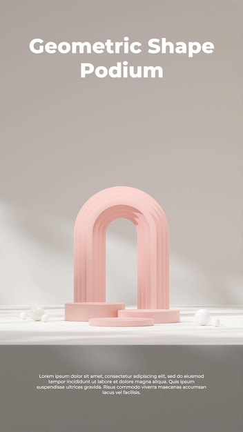Maqueta de plantilla de renderizado 3d de podio rosa en retrato con fondo de arco y esfera blanca