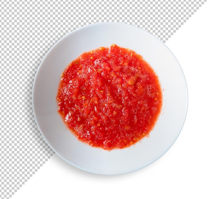 PSD maqueta de un plato de tomate natural crudo triturado desde arriba