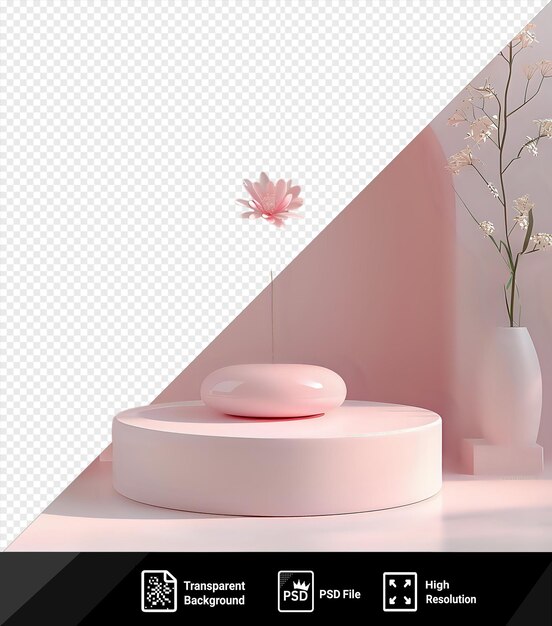 PSD maqueta de podio de imagen psd para producto con fondo editable con jarrones blancos rosados y flores blancas y una base blanca redonda contra una pared rosada png