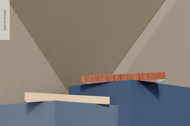 PSD maqueta de podio de madera triangular, vista de ángulo bajo
