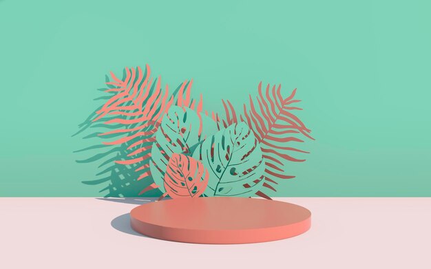 Maqueta, podio, pantalla con fondo de plantas tropicales de hojas de monstera, render 3d