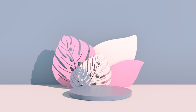 Maqueta, podio, pantalla con fondo de plantas tropicales de hojas de monstera, render 3d