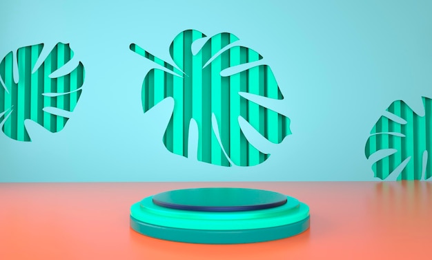 Maqueta, podio, pantalla con fondo de plantas tropicales de hojas de monstera, render 3d