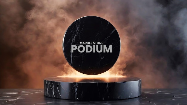 PSD maqueta de podio de piedra de mármol circular negro ahumado con retroiluminación rgb para presentación de producto