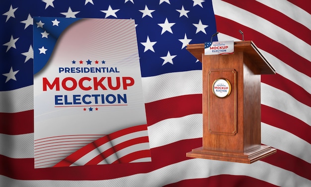 Maqueta de podio y póster de elecciones presidenciales para estados unidos