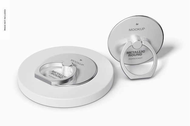 Maqueta de Popsockets redondos metálicos, de pie y caídos