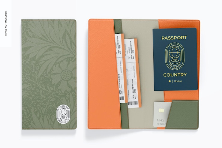 PSD maqueta de porta pasaportes largos, abierta y cerrada