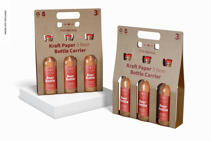 PSD maqueta de portabotellas de cerveza de papel kraft 3, perspectiva