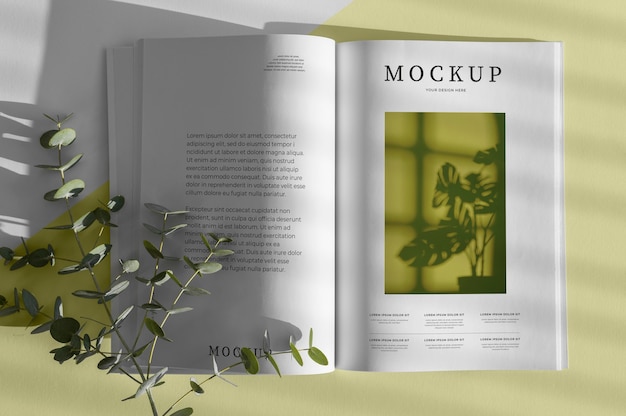 PSD maqueta de portada de revista de naturaleza plana con composición de hojas