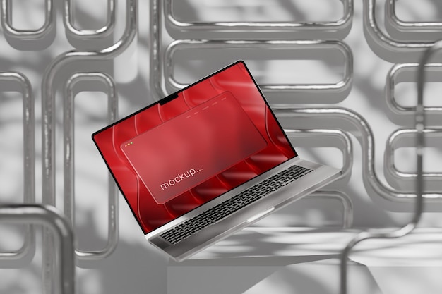 Maqueta de portátil en un fondo industrial abstracto con renderización 3D