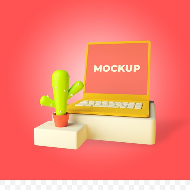 Maqueta de portátil de renderizado 3d con cactus