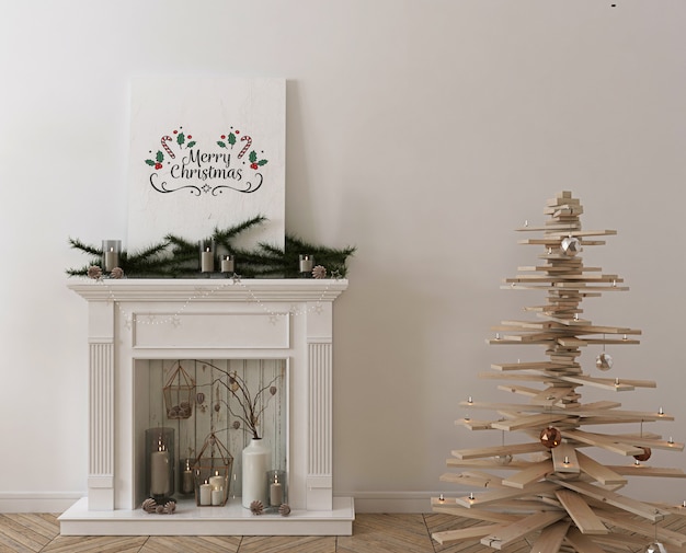 Maqueta de póster con árbol de navidad de madera, decoración y regalos.