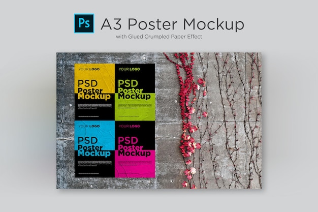 PSD maqueta de póster con efecto de papel encolado y arrugado