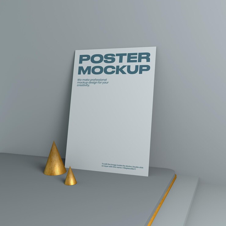 Una maqueta de póster está en un estante en una habitación.