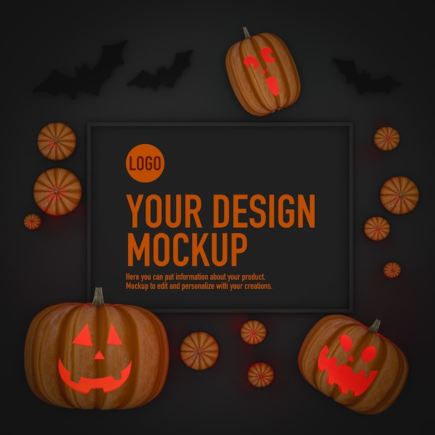 Maqueta de póster para halloween junto a algunas calabazas y murciélagos
